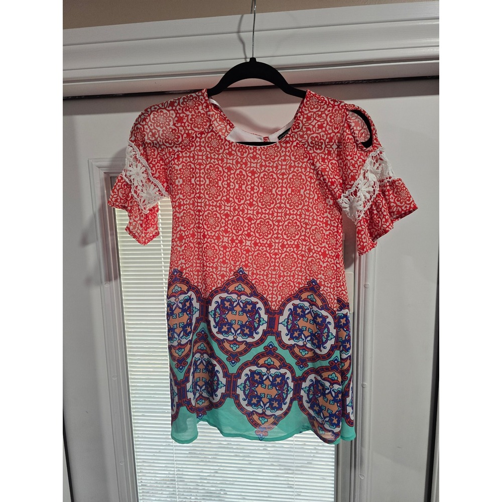 My Michelle Girls Coral Red Teal Medallion Print Lace Cold Shoulder Dress Size 8